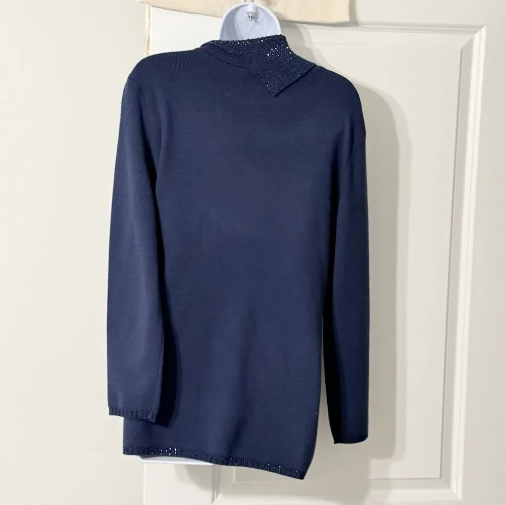 Adrianna Papell Blue Embellished Mock Neck Wool Pullover Sweater Size Medium